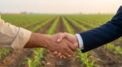 Farmer and lender shaking hands in a field