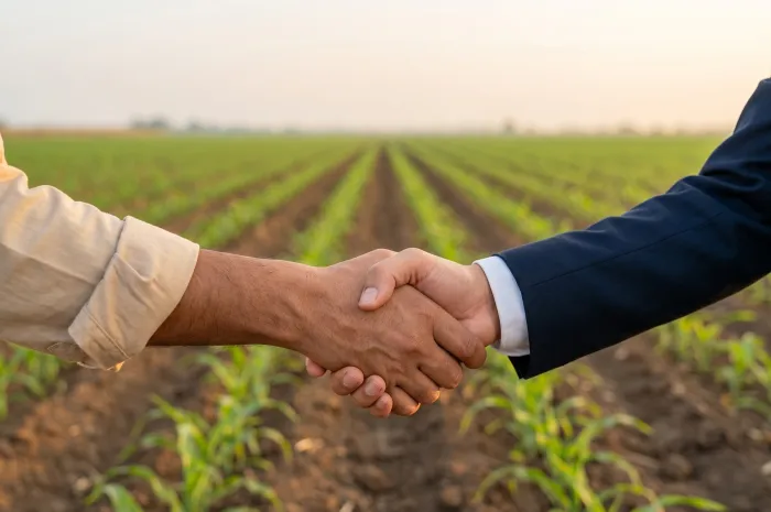 Farmer and lender shaking hands in a field