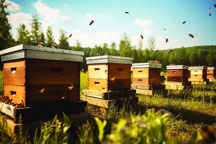 Boxes of beehives on an apiary