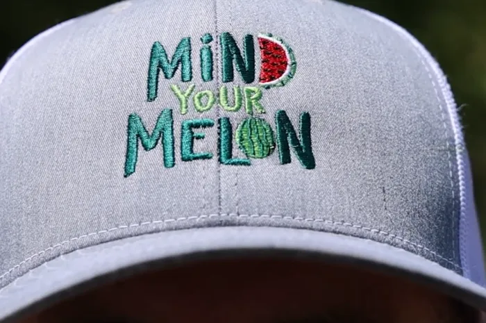 Baseball hat with "Mind Your Melon" stitched on front
